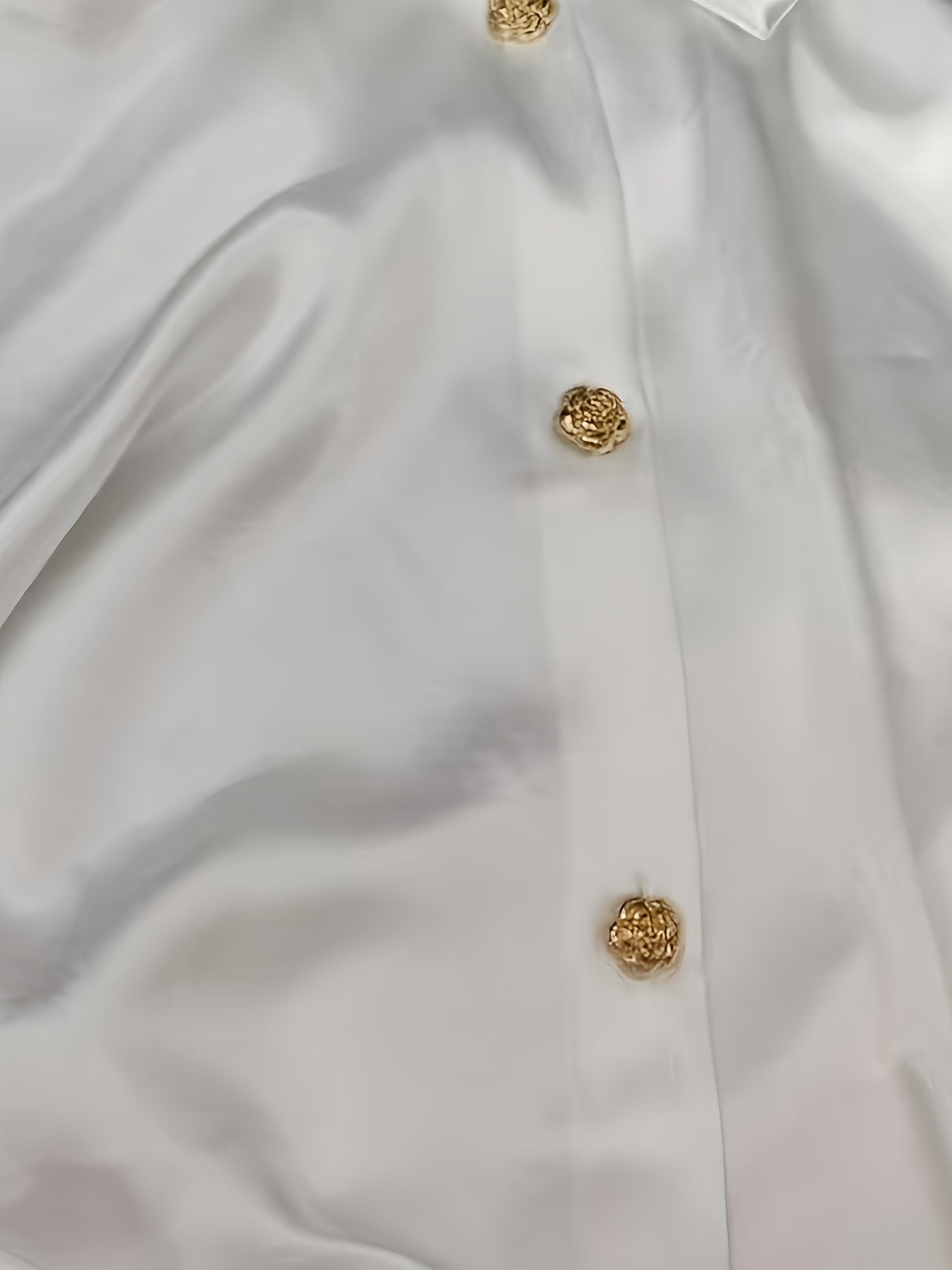 Women's Elegant Solid Color White Satin Blouse with Golden Button Details - Long Sleeve, Large Lapel Collar, Non-Sheer, Machine Washable, All-Season Casual Wear, Ladies Blouses